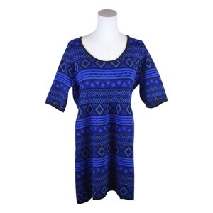 T/O Sweater Knit Dress XL Blue Black Geometric Tribal Boho Y2K Fit & Flare